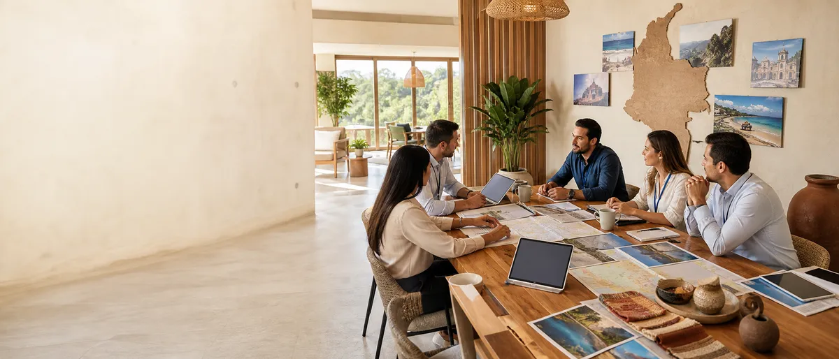 A team around a table covered with maps and destination material